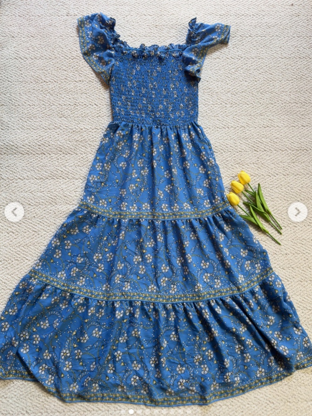 Max Studio blue floral smocked-tiered maxi dress with short flutter sleeve